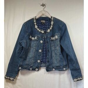 Berek Takako Sakon Pearl Embellished Denim Jacket Blue Medium Wash Floral Large